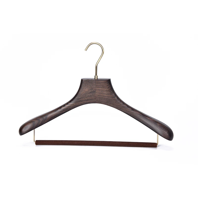 Luxury Customized LOGO Matt Walnut Color Ash Wood Grain Suit Hangers With Flocked Non-Slip Bar And Brushed Bronze Hook