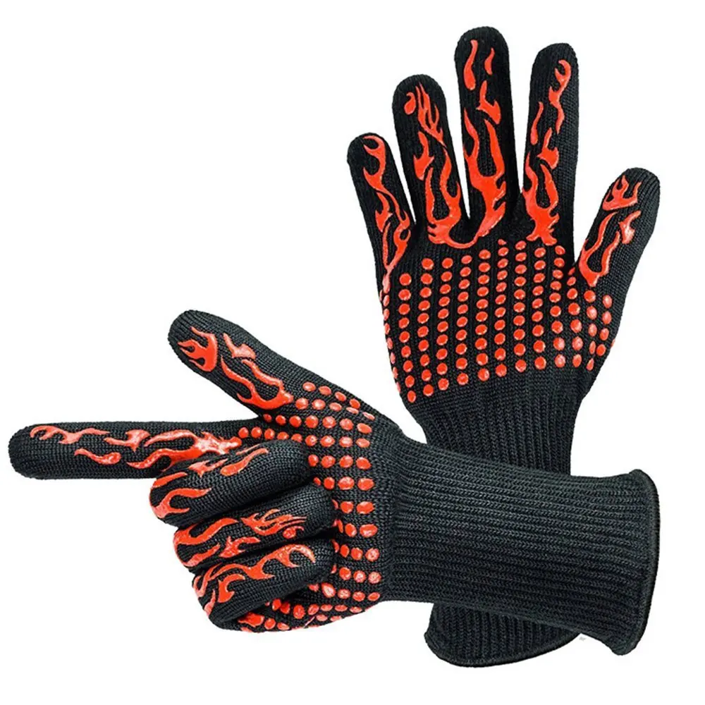 Hot Sale 1472F Safety Glove Bbq Grilling Silicone Leather Barbecue Set Black Oven Cooking