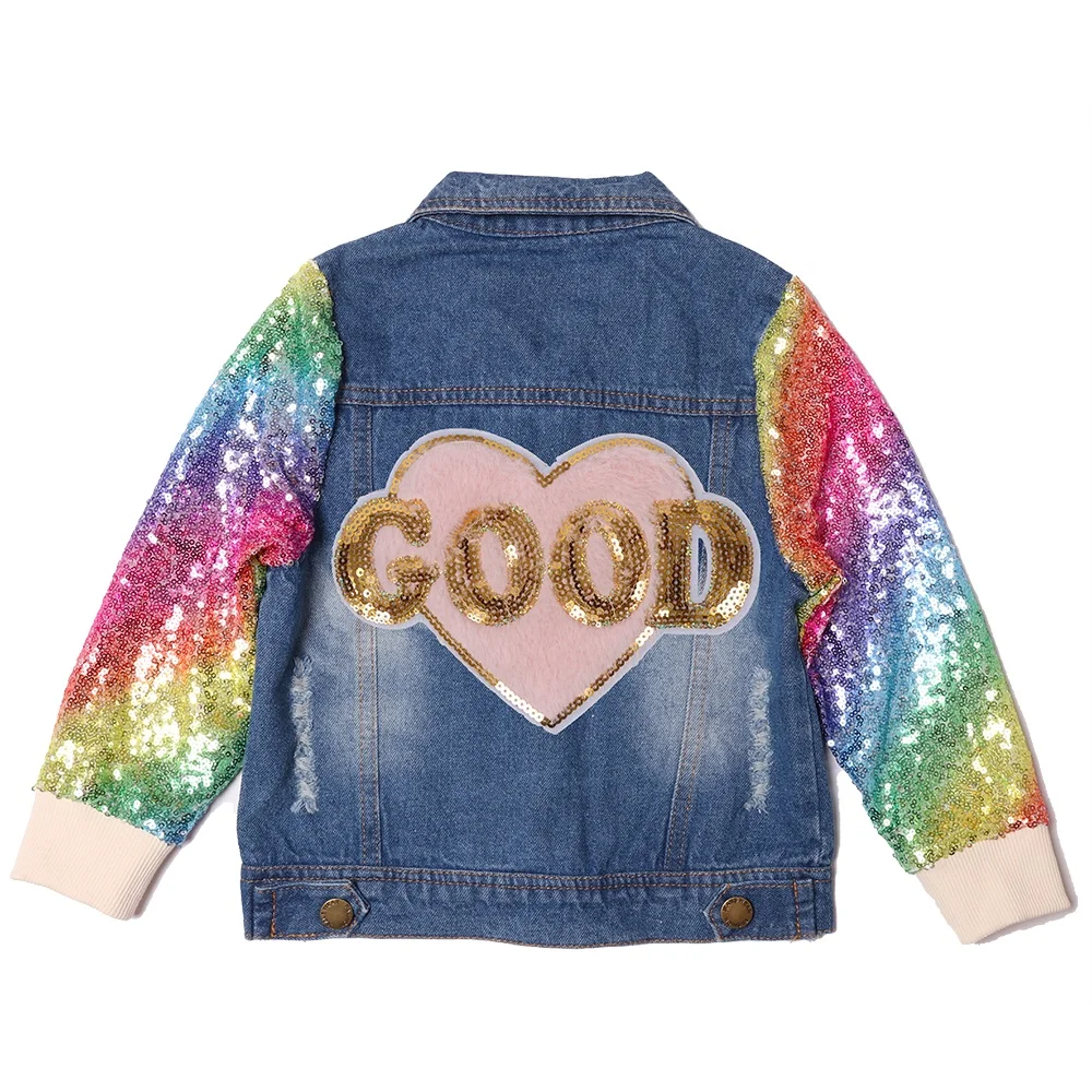 
New Dress Designs 2020 Fall Winter Baby Girls Clothing Colorful Sequin Long Sleeve Roll Neck Denim Jacket 