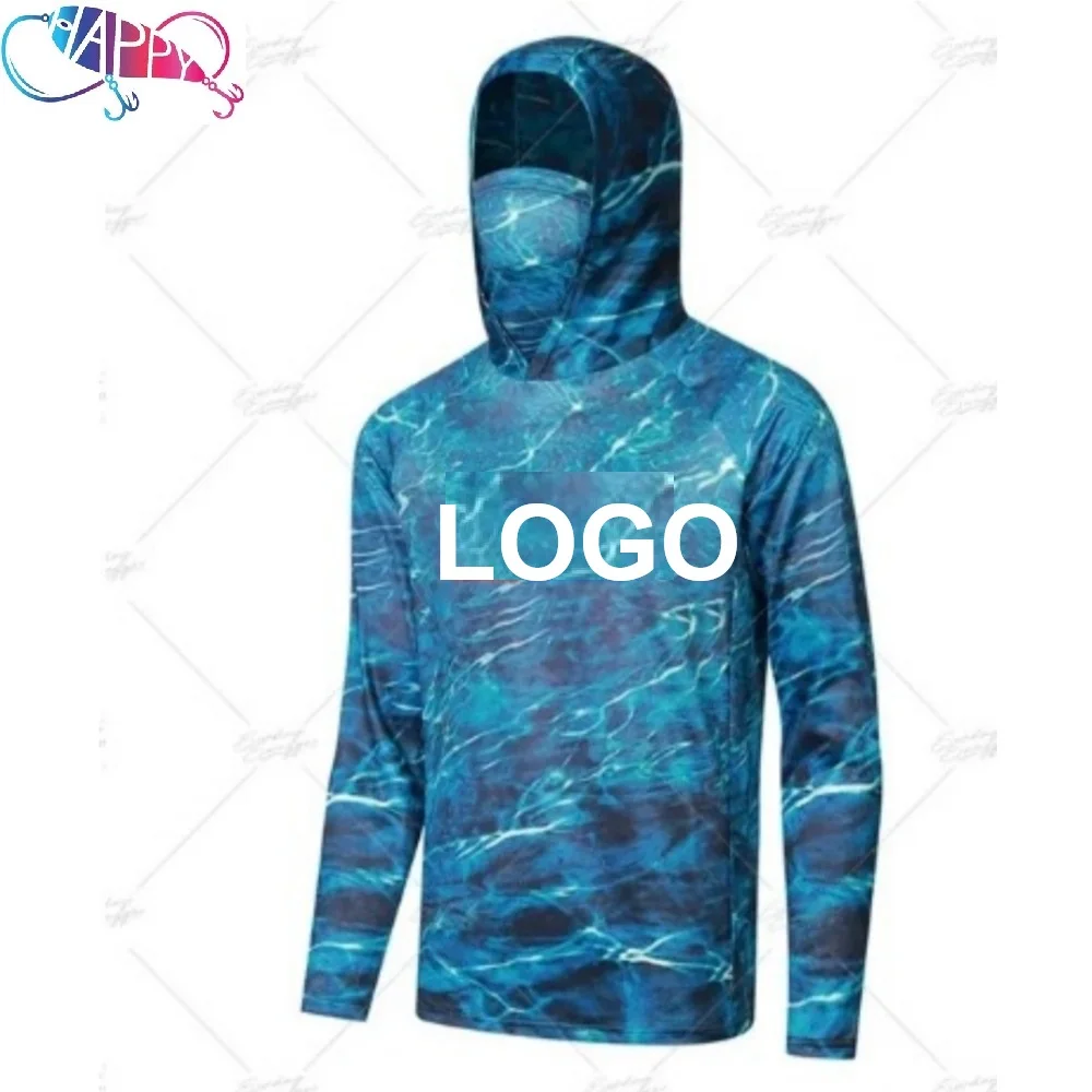 Custom LOGO Eco-Friendly Uv Fish Fast Dry Fish Print Cotton Hemp men Shirts Upf Hoodie Sun Protective Hooded Fishing T Shirt