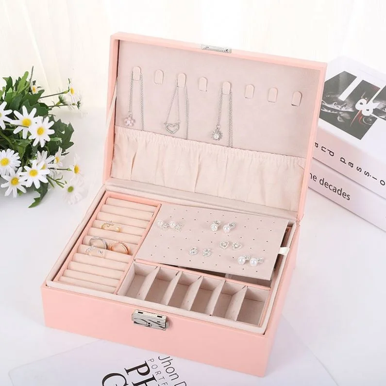 Glorystar Women 2 Layer Jewelry Box Organizer Wooden Display Storage Jewel Holder Removable Tray Jewelry Display Drawer Case