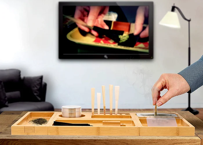 Foldable Bamboo Magnet Rolling Tray, Built-in Ashtray for Cigarette