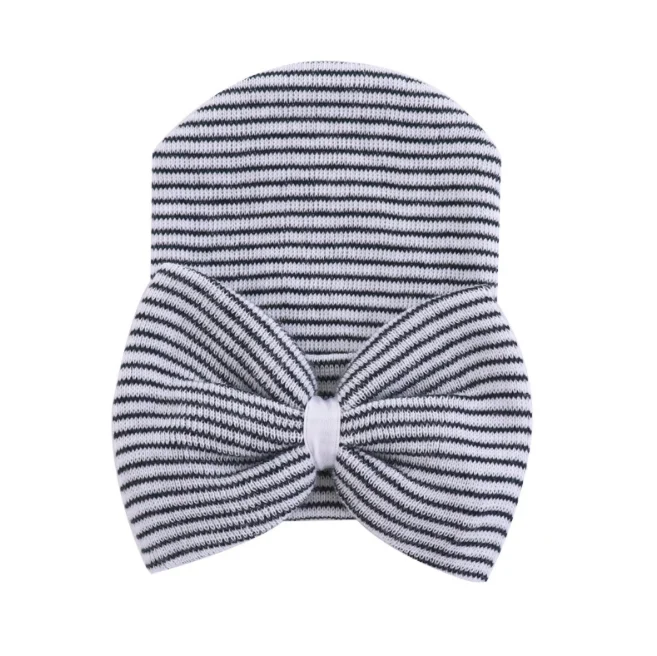 Вязаные шапки унисекс с бантом для новорожденных девочек и мальчиков, шапки, Симпатичные полосатые Шапки для малышей
