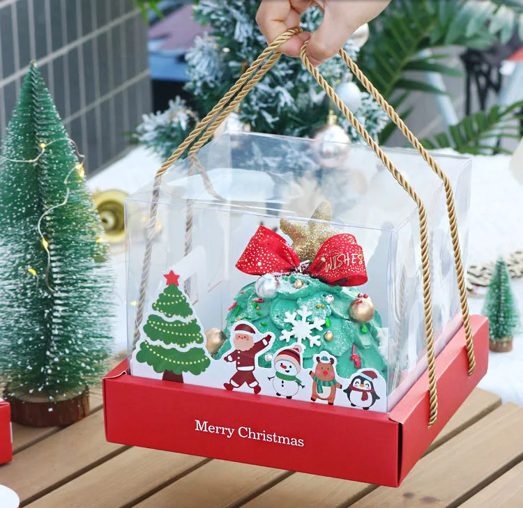 IMEE New Style Christmas Design Red Color Tall Transparent Gift Box 8 ' Square Cake Afternoon Tea Dessert Gift Box with Handle
