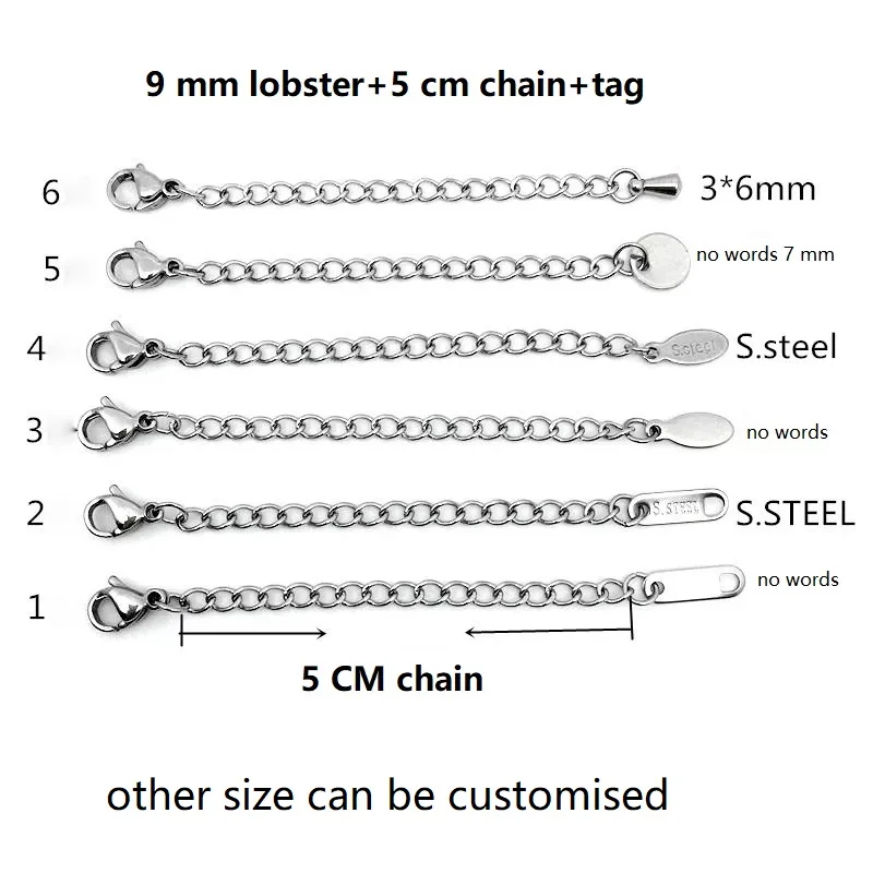 Wholesale jewelry findings stainless steel Lobster Claw/Clasp with chain and tag,18k gold plated and steel color