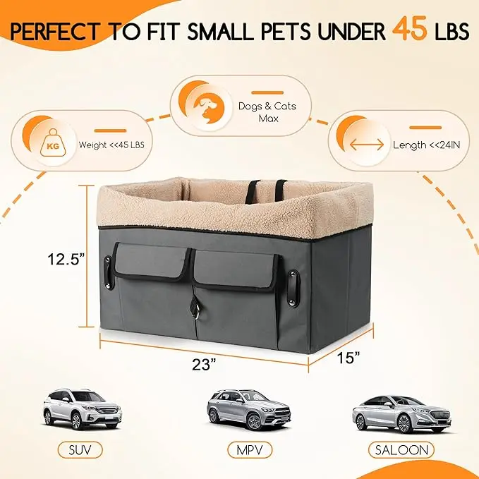 Dog Car Portable Booster Seat for Car with Storage Pockets Clip-On Safety Leash and Adjustable Straps Pet Travel Carrier Bed