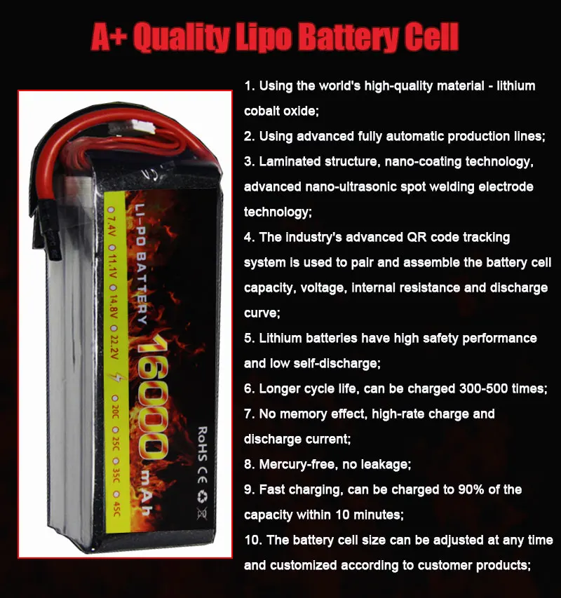 FPV/Drone Battery 6S/12S 16000 MAh 25C 22.2V 44.4V Lipo Battery for FPV/UVA/Agricultural Drone