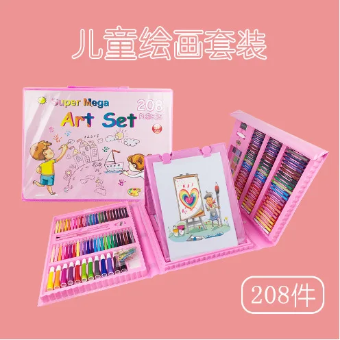 Non-Toxic Kids Plastic Case Watercolor Pen Colour Pencil 208 Pieces Art Drawing Set With Easel Kit
