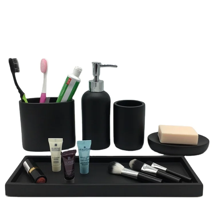 Современные оптовые черные наборы для ванной из смолы, аксессуары для ванной комнаты в отеле