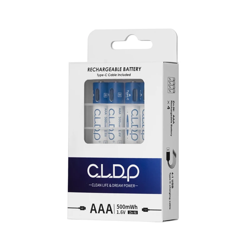 CLDP brand 4pcs per pack No.7 1.6v 500mWh Zinc-Nickel usb aaa rechargeable batteries for wholesale