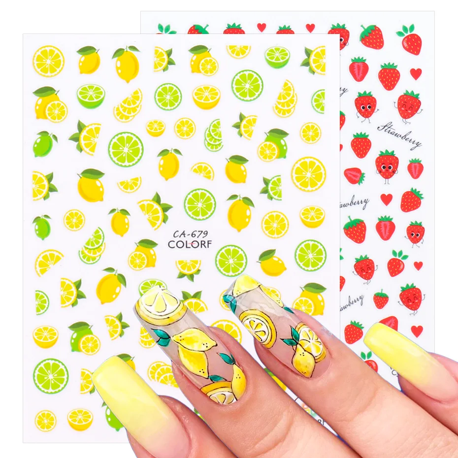 Juice Lemon Nail Stickers 3D Adhesive Sliders Fruits Strawberry Pineapple Nail Art Decals Summer Designs