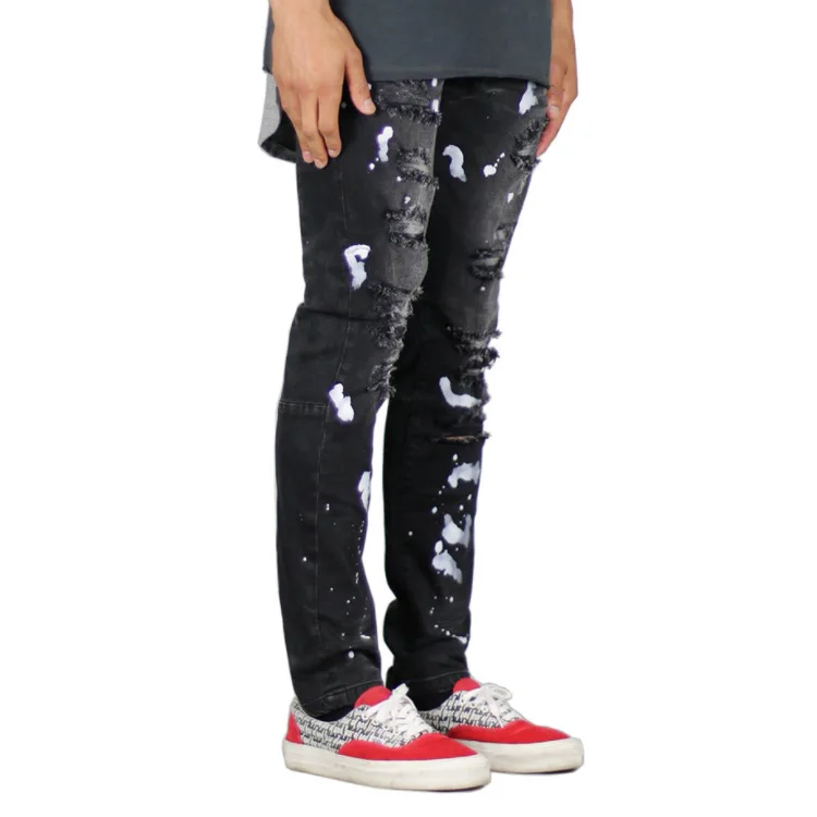 New Men Slim fit Slim pencil pants High elasticity Biker jeans Hole Cat claw destroyed Spray paint Leisure trousers