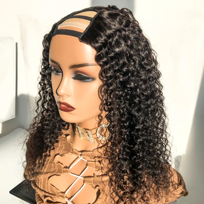 Clips Natural Human Hair Wigs Blended Hot Selling Side Part Indian kinky curly U Part Wig  For Black Woman
