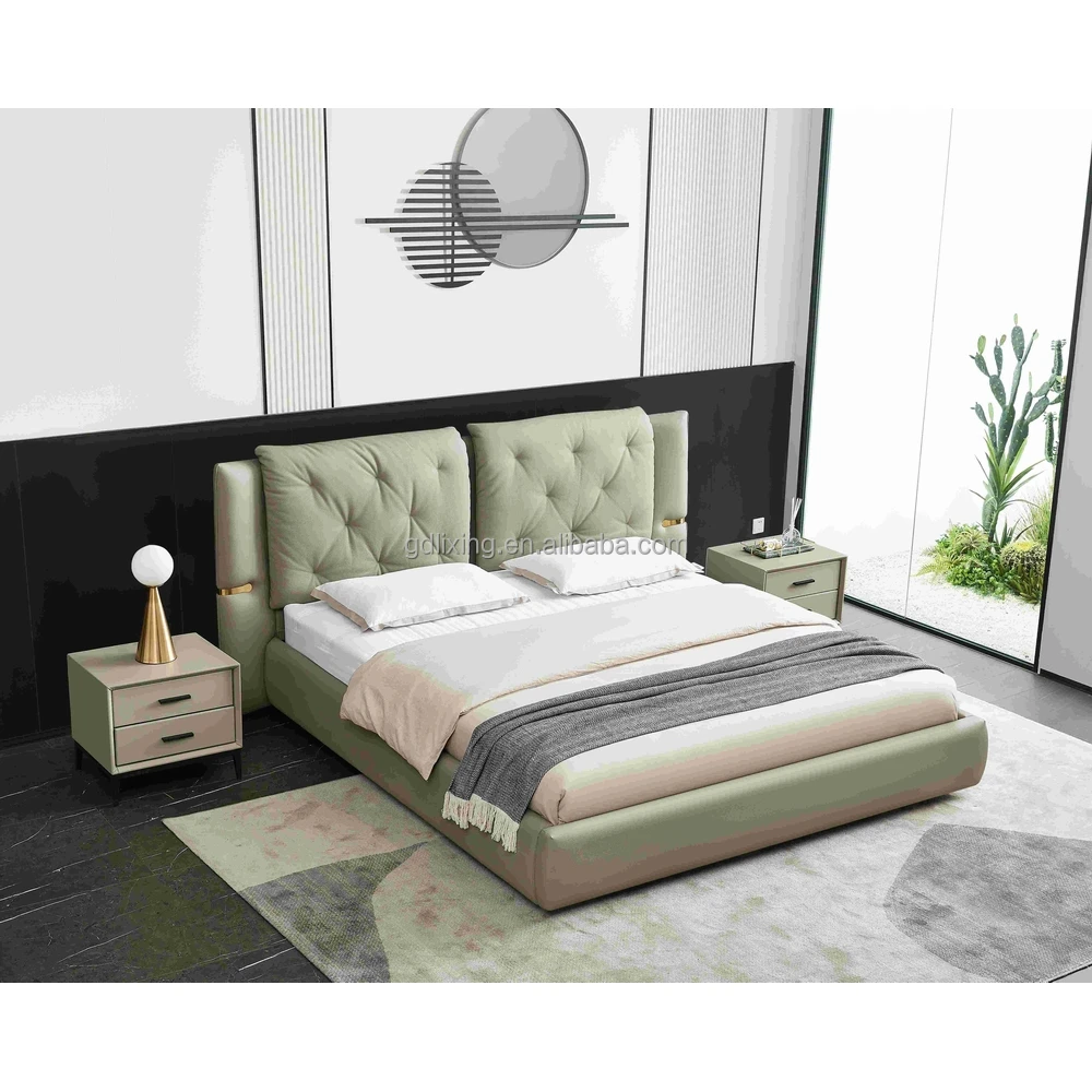 Leather light luxury modern simple wooden house bed frame king size designs double bed furniture set master bedroom soft bed