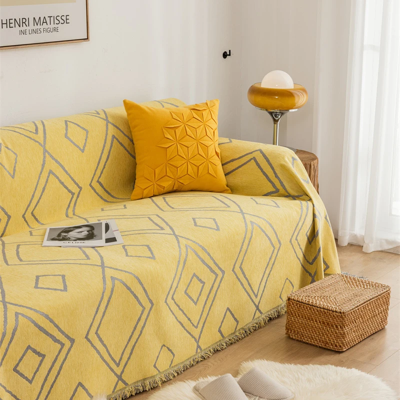 Knitted Soft Thick Warm Chenille Geometric Design Sofa Bed Living Room Slipcover Cloth Sofa Cover Towel With Tassels