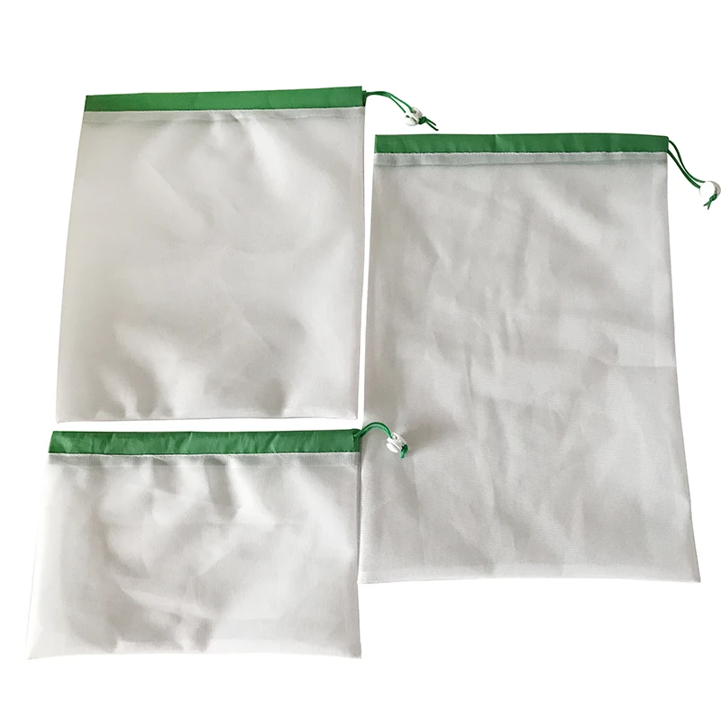 Eco-friendly Washable Nylon Mesh Fruits & Vegetables Storage Bags With Toggles & Top Trim