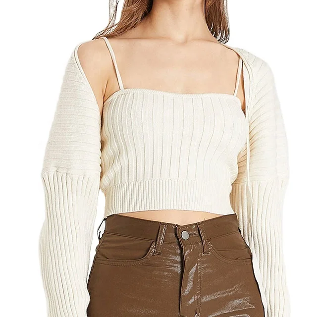 2023 Wholesale New Design Spring Women Ribbing Knitted Crop Top Cardigan Set With Straps Bolero Solid Sweater Suit Knitwear