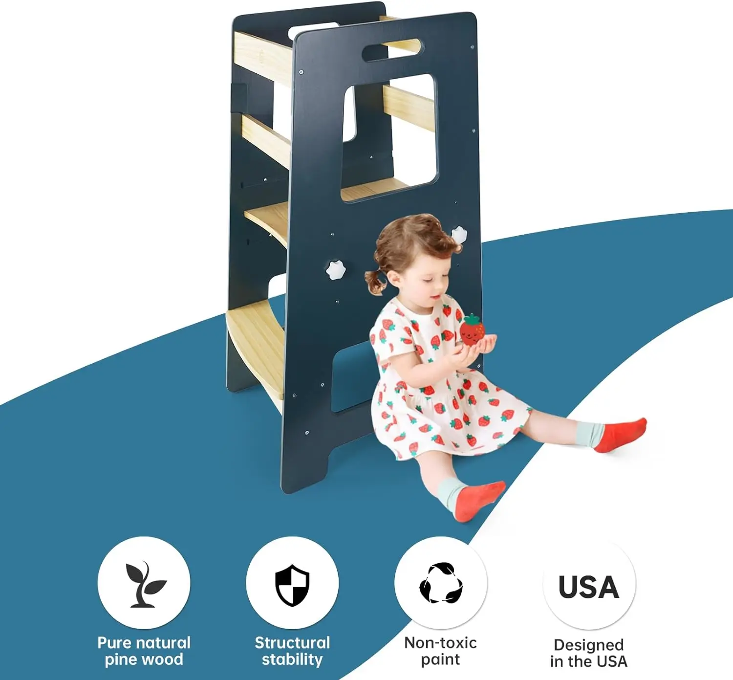 Toddler Tower Height-Adjustable Kids Kitchen Step-To-Stool Toddler Stool with Safety Rails