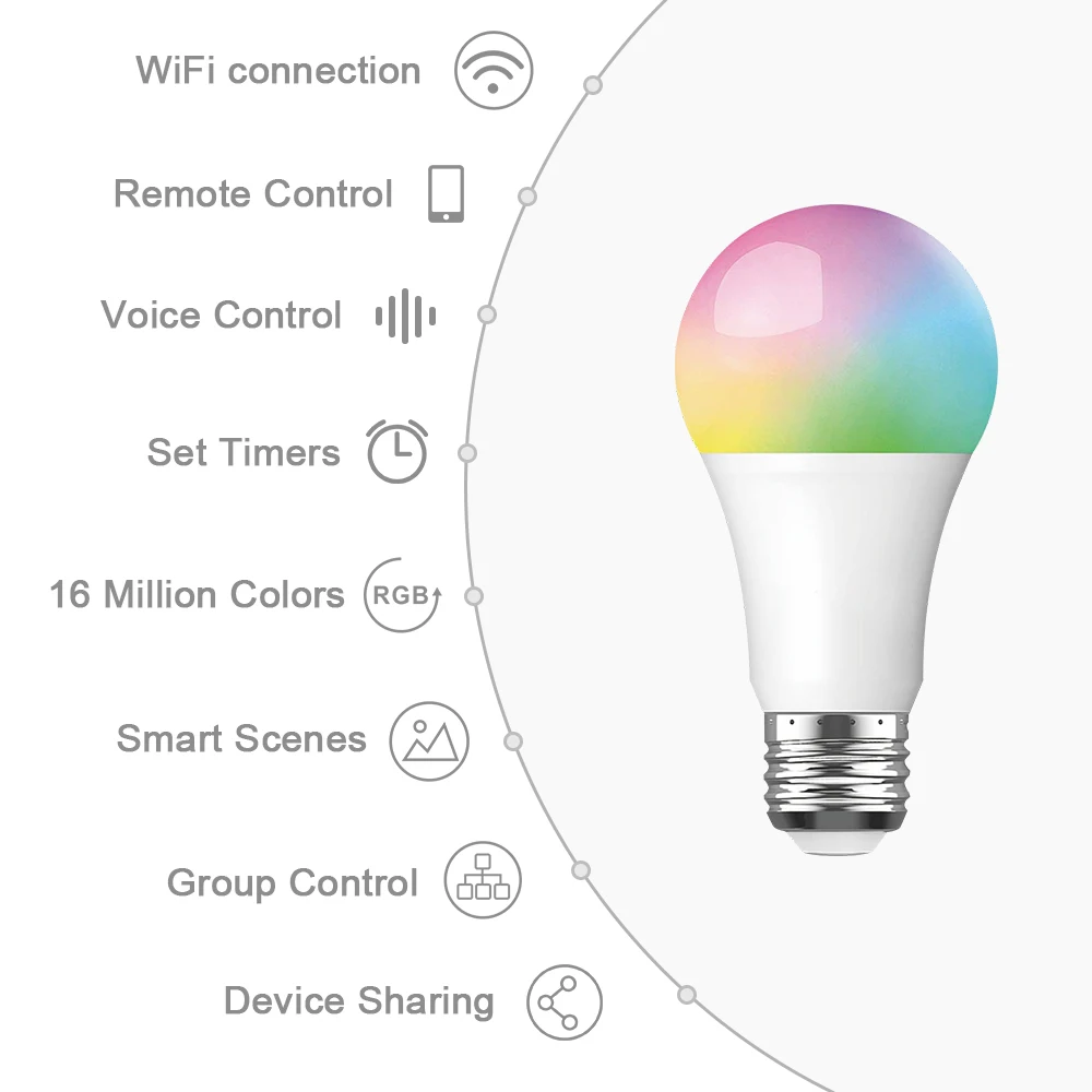 Tuya  Alexa 10W  E27 B22 Home Dimmable WiFi  LED RGB+White Lamp Light Smart Wifi Bulb