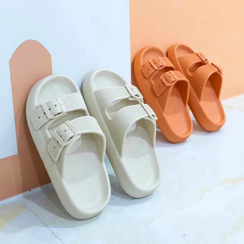 Pillow Slides 2021 New Design Double Buckle Thick Sole Bath Slipper Soft Platform Flip Flops Slippers for