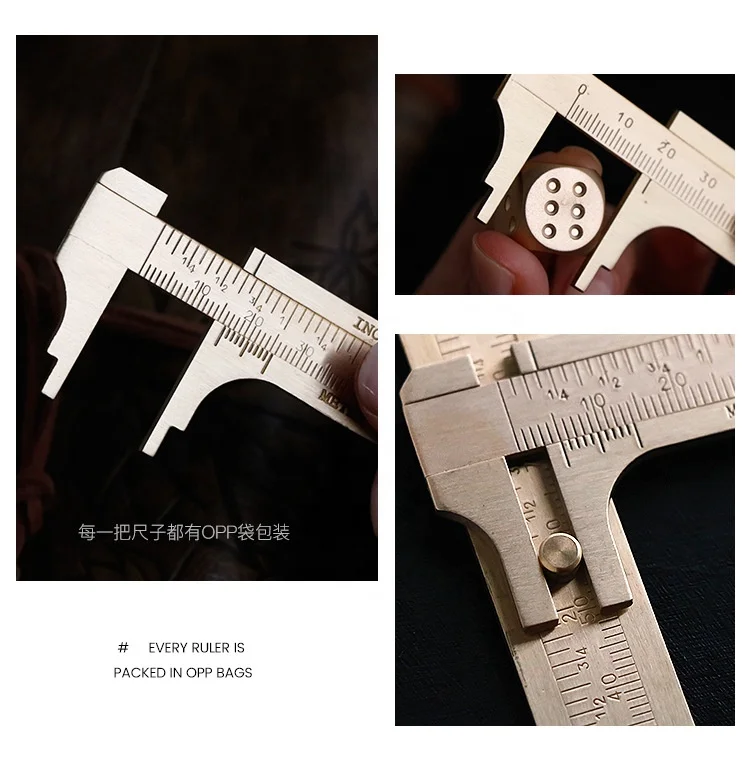 80MM double scale measuring Mini pure brass portable pocket retro copper caliper ruler