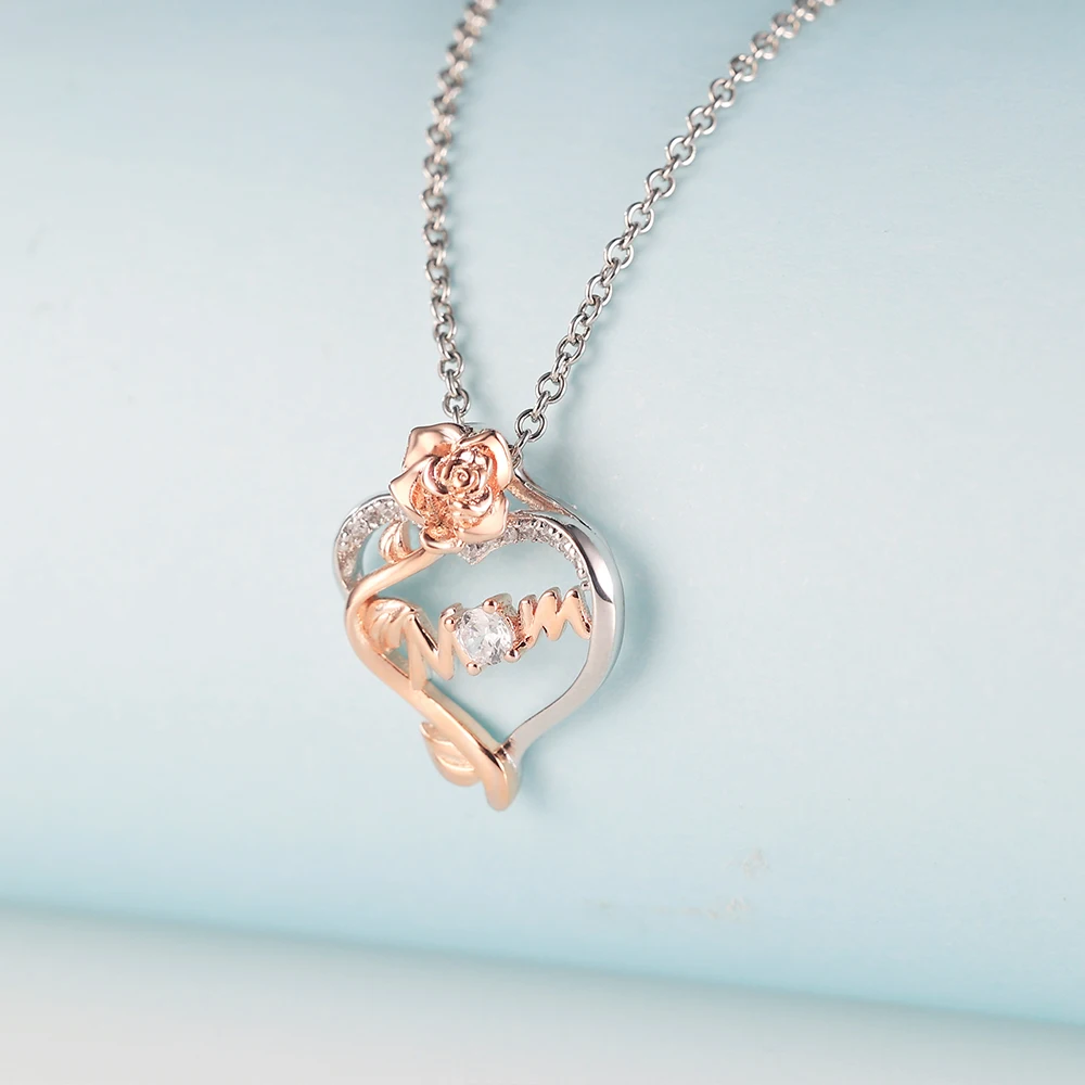 Custom Mom Birthday Jewelry Gifts 925 Sterling Silver Heart Rose Pendant Necklaces for Women Girlfriend Wife Mom