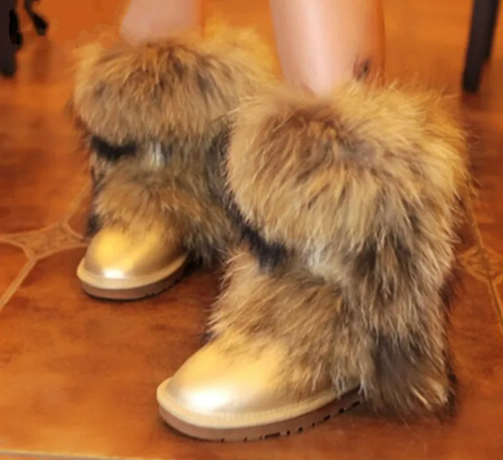 Plus Size Real Racoon Fur Collar Boots Winter Warm Casual Women Shoes Furry Genuine Sheepskin Leather Snow Women Winter Boots