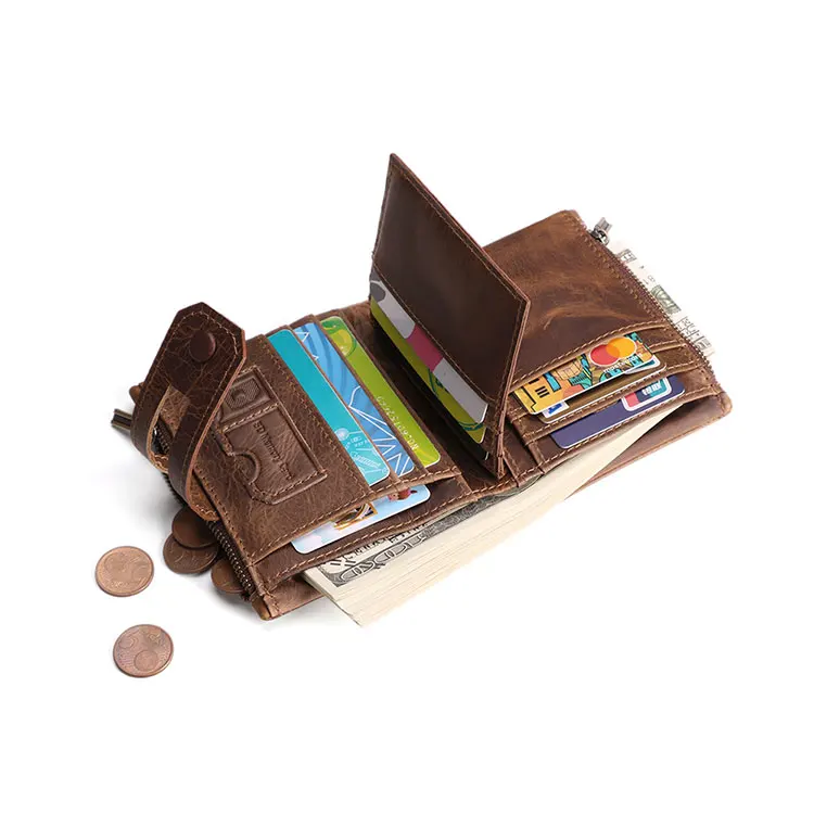 High Manufactures Rfid Blocking Zipper Pocket Large Capacity ID Card Crazy Horse Oem Leather Men Coin Purses Wallet