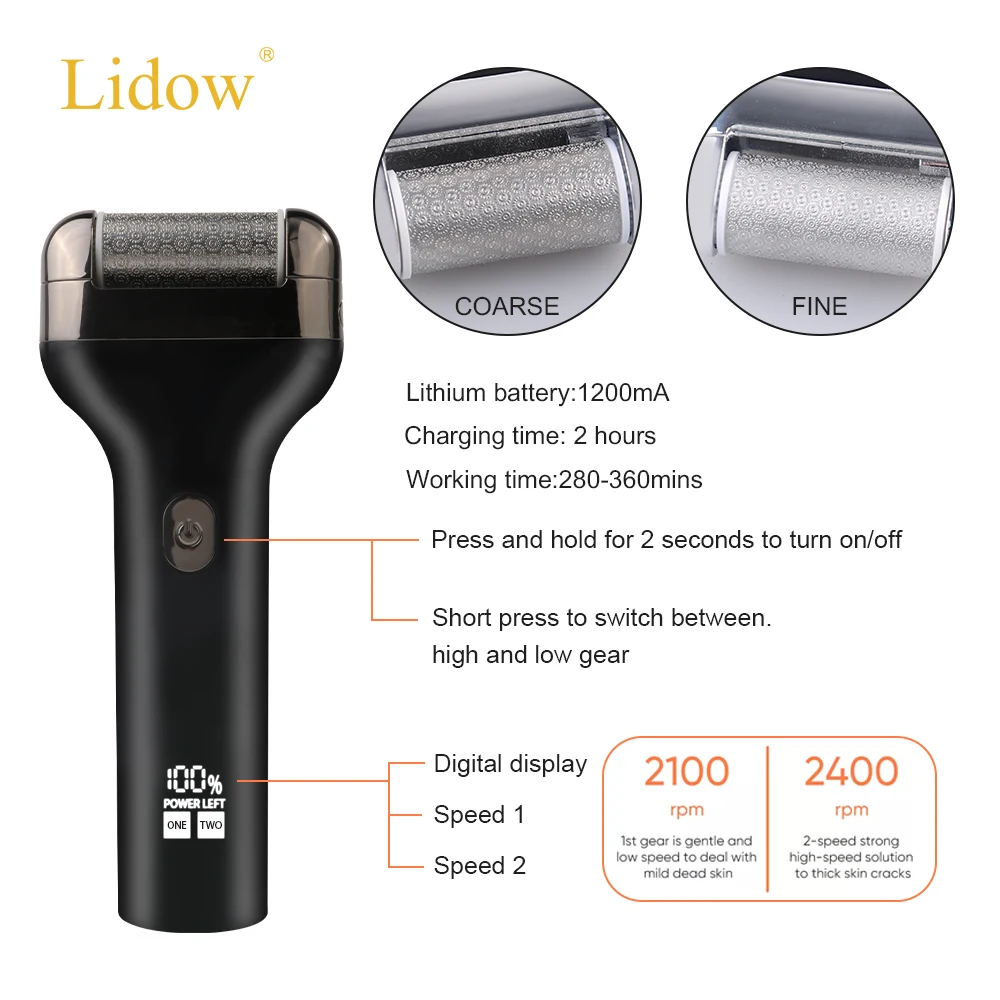 LIDOW Waterproof Double Speed Regulation USB Rechargeable Stainless Steel Electric Foot File and Callus Remover