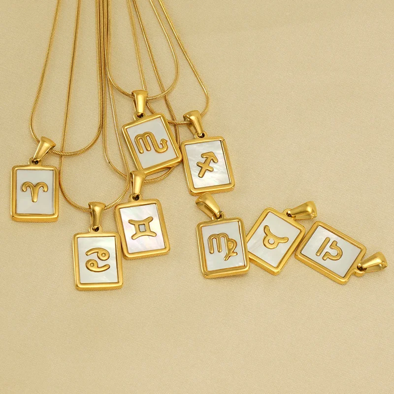 18K Gold Plated White Natural Shell Snake Chain Necklace Stainless Steel 12 Zodiac Pendant Horoscope Constellations Necklace