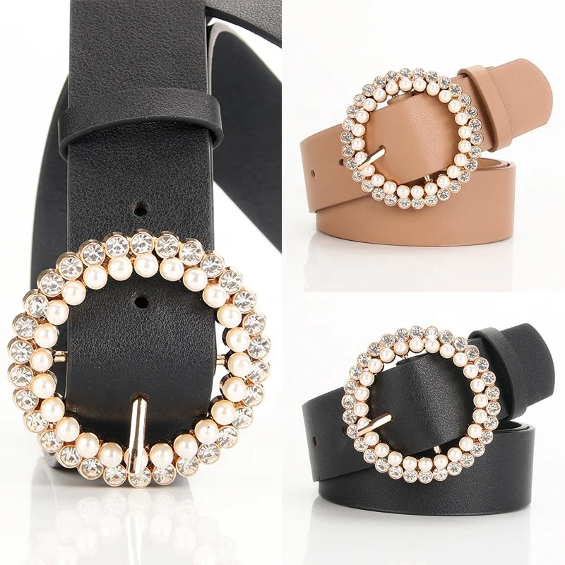 Alloy Diamond Pearls Buckle Belts for Women PU Leather Waist Belts Ladies Waistband for Dress