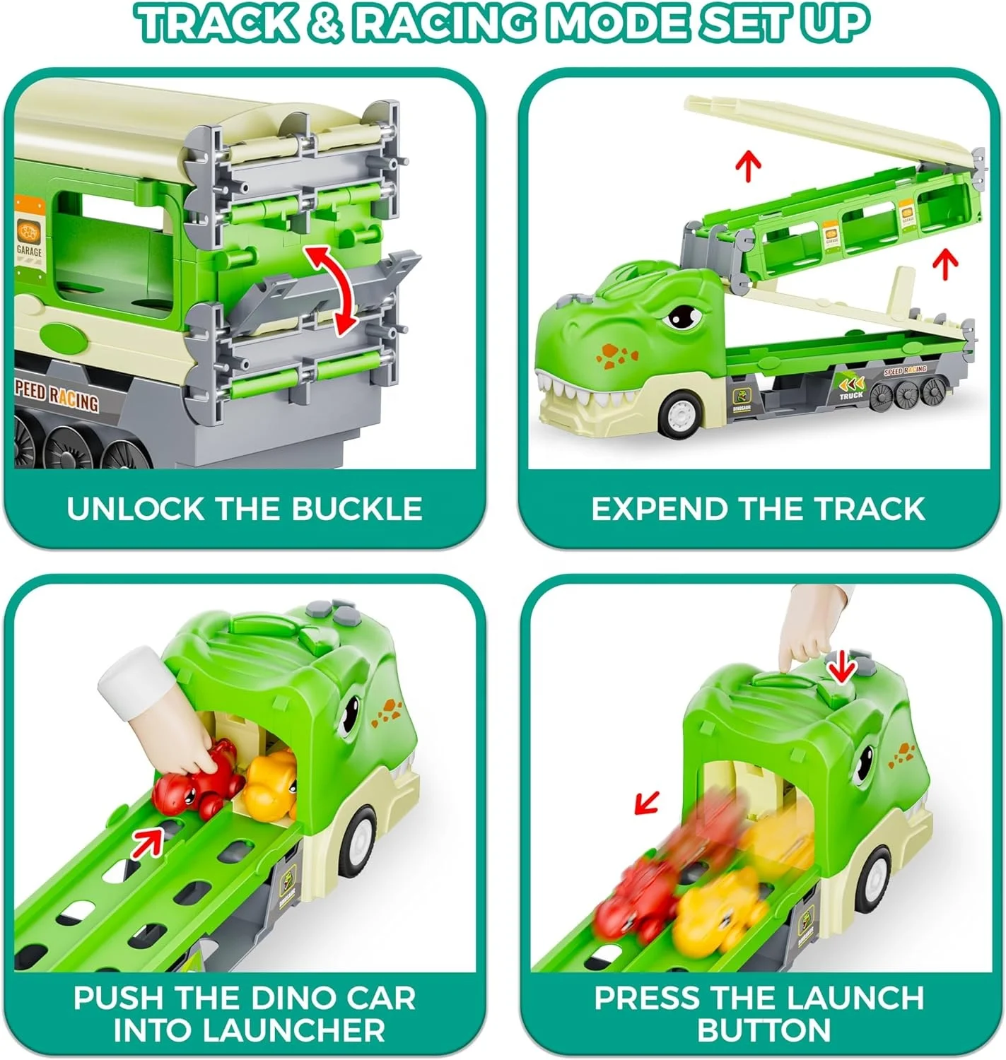 2024 New B/O Dinosaur Truck with 6 Dino Car,Foldable Track 2 Player Race Car with Light And Sound,Catapult Transform vehicle
