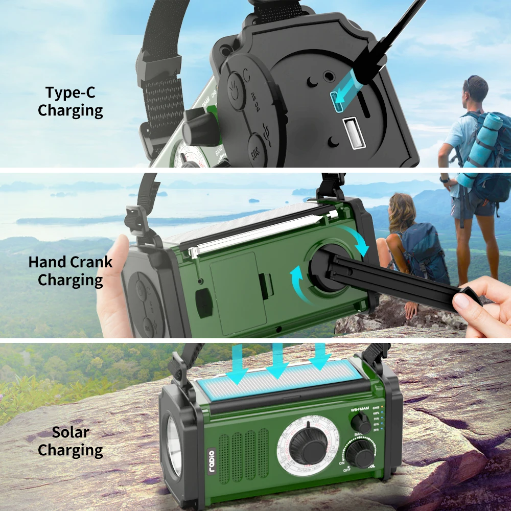 Waterproof Household Led Reading LAMp NOAA/AM/FM Hand Crank Solar Powered Multifunctional DynAMo Radio with Flashlight