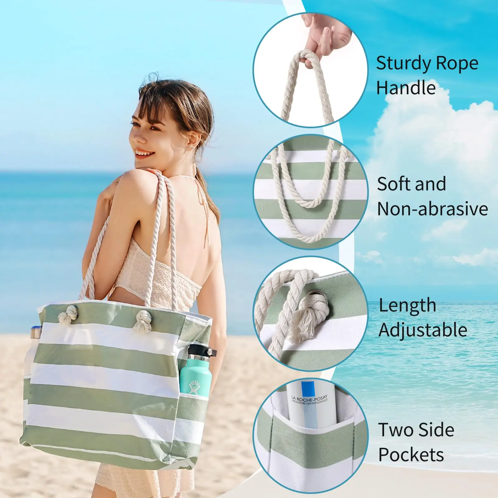 Waterproof Sand proof Beach Large Beach Swim with Zipper Stripe Beach Bag Tote Pool Swim Bag Travel Carry On Gym