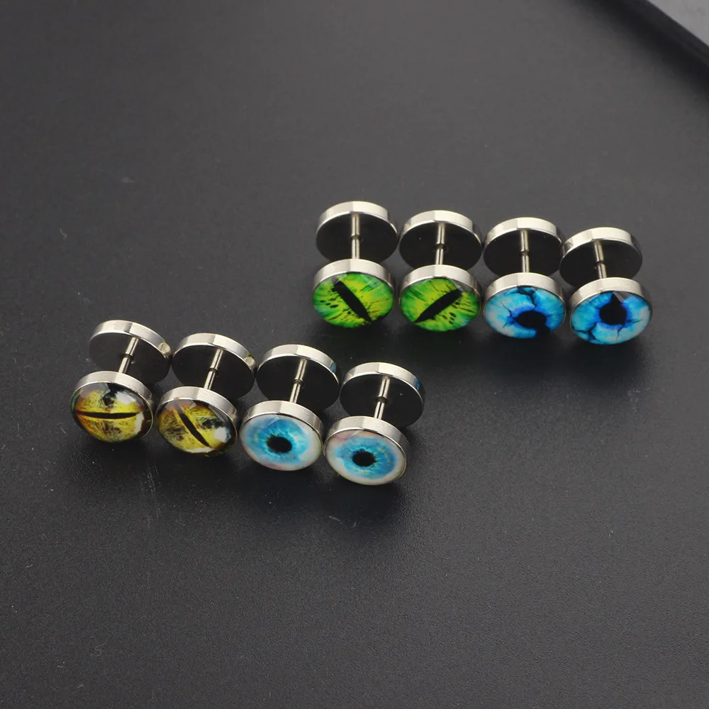 Fashion 10mm Stud Earrings for Men Women Black Skull Ear Stud Barbell Piercing Fake Ear Plugs Punk Earring
