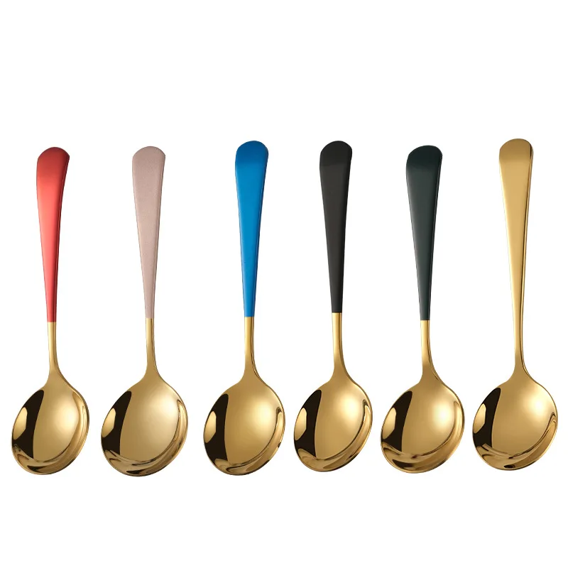 304 Stainless Steel Round Head Golden Spoon Baby Children Eat with Long Handle Coffee Dessert Milk Powder Training Feeder Spoon