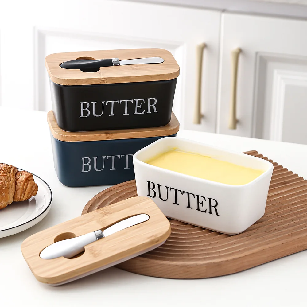 Rectangular sealed jar butter box with knife Western household cheese box ceramic butter box