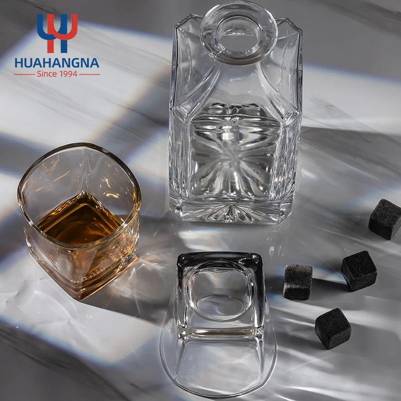 Customized Color Personalized Bourbon Liquor Decanter Set and 2 Square Whiskey Drinking Glasses in Black Wood Gift Box