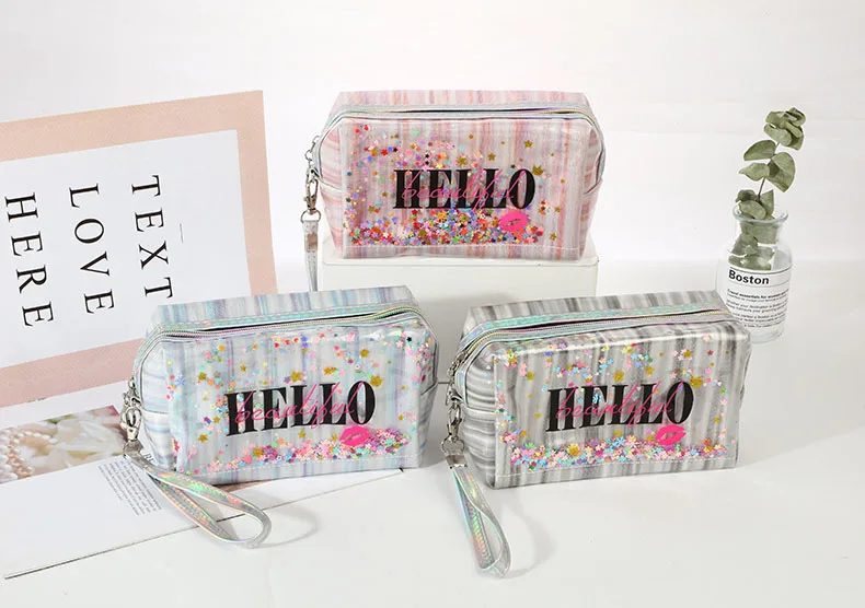 Luxury Elegant PVC Makeup Bag Holographic Laser Plastic Ziplock Pouch Bag Cosmetic Waterproof Travel Toiletry Cosmetic Bag