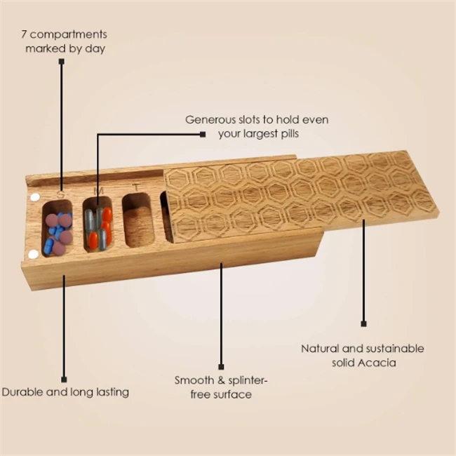 Natural Acacia Wood 7 Day Weekly Pill Box Pill Organizer for Vitamins Daily Supplements