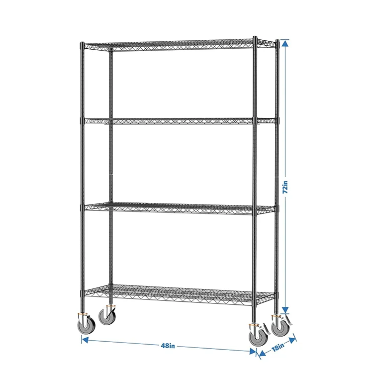 High Quality Durable 4 Tier Black Chrome Wire Mesh Shelves Shelving With Wheels