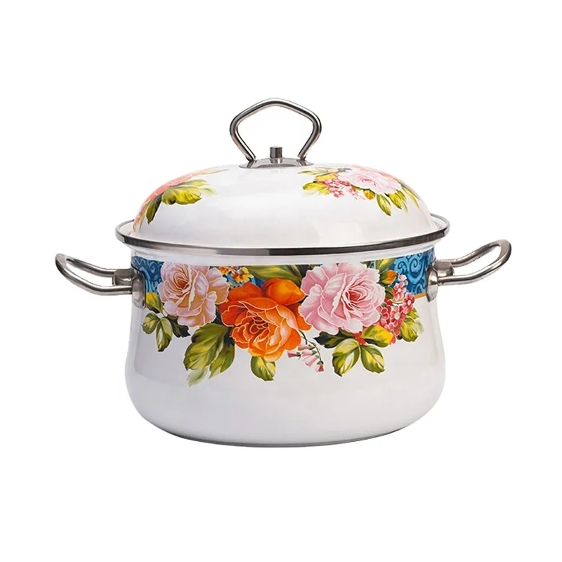 Enamel Cookware Flower Pattern Enamel Casserole Hot Pot with splash proof Lid