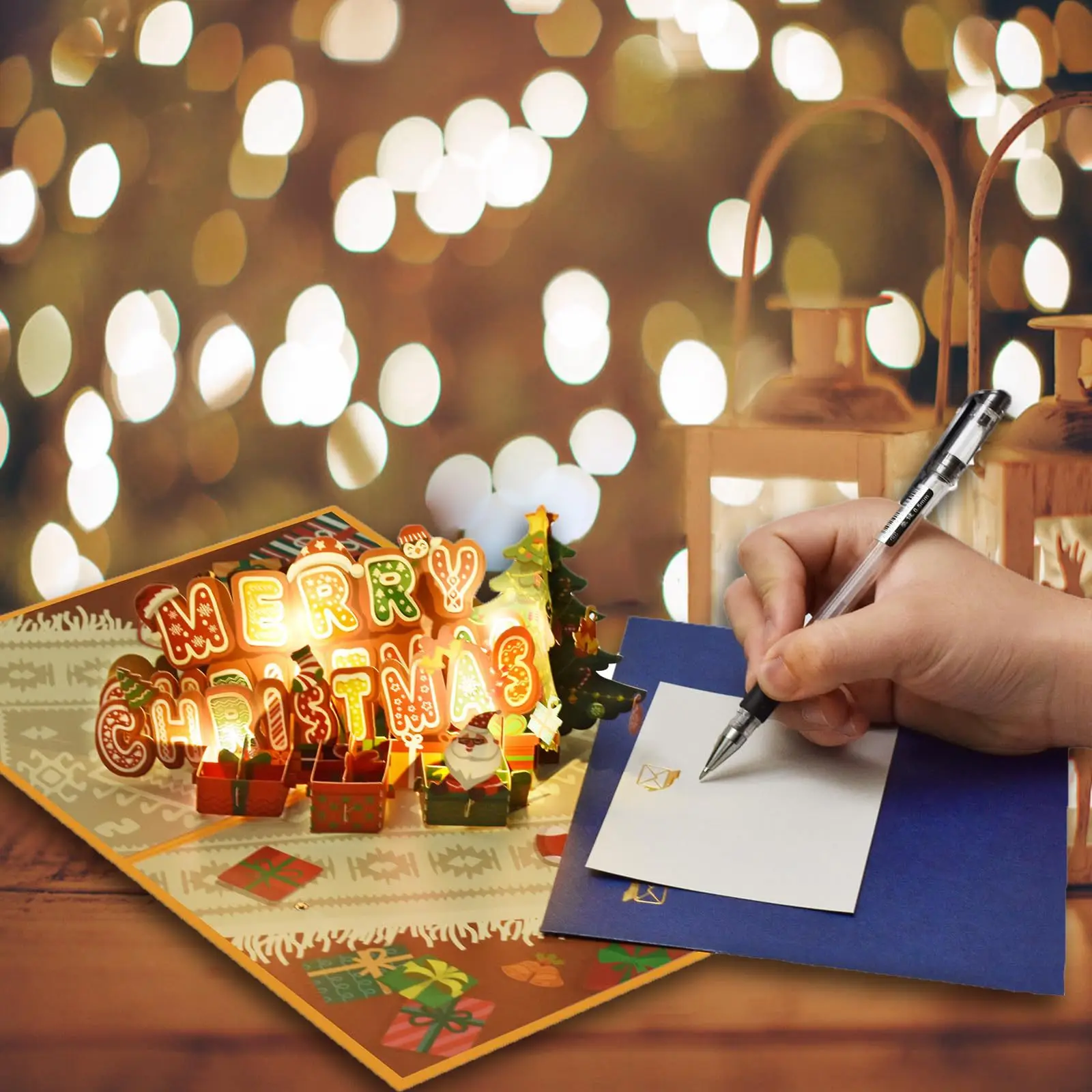 Merry Christmas Pop Up Card with Light and Music Handmade 3D Popup Greeting Cards Gift For Christmas