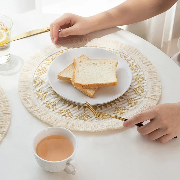Wholesale wedding boho woven printed round dining placemats set with coaster bohemian woven round table placemats