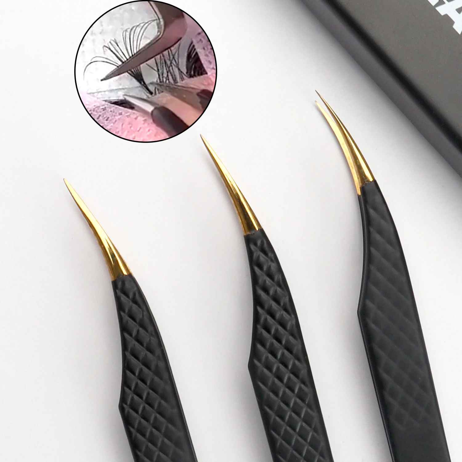 Curved Lash Tweezer Black Gold 75 90 Degree  Box Packing Isolation Fiber Tip Diamond Tip Lash Extension Tweezers