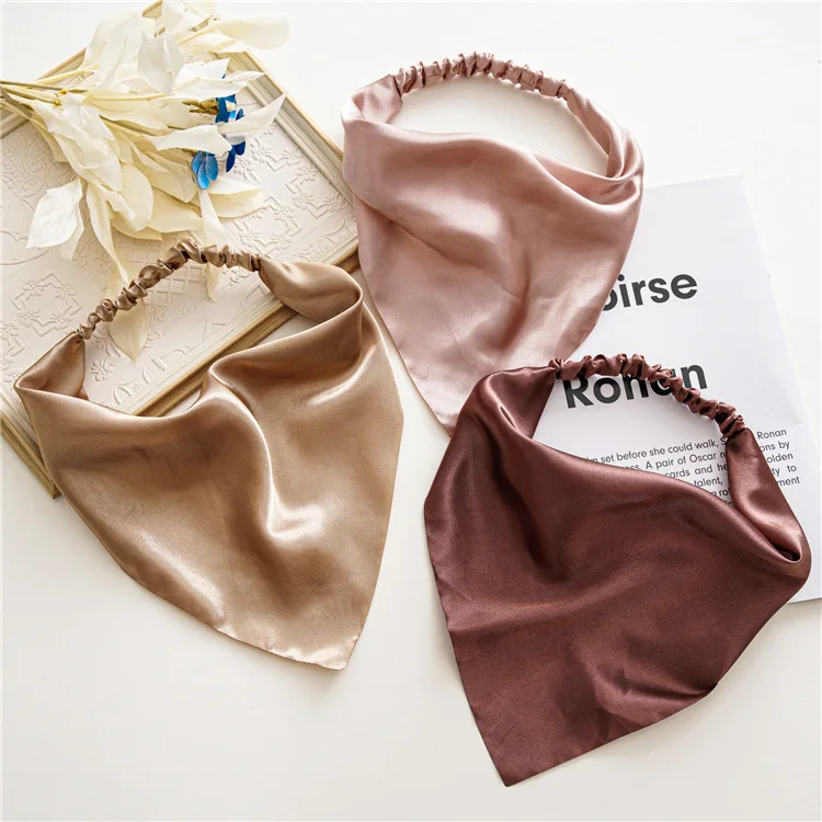 New Style Simple Satin Elastic Band Head Bandanas Scarf Solid Color Fabric Triangular Head Wraps For Women
