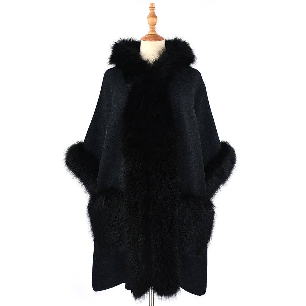 Модные черные Вязаные Шерстяные Пончо Накидки шаль свитер с капюшоном шали зимние толстые меховые пальто для женщин