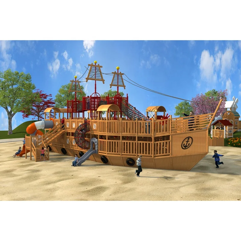 New series commercial kids outdoor wood ship shape playground with plastic slides