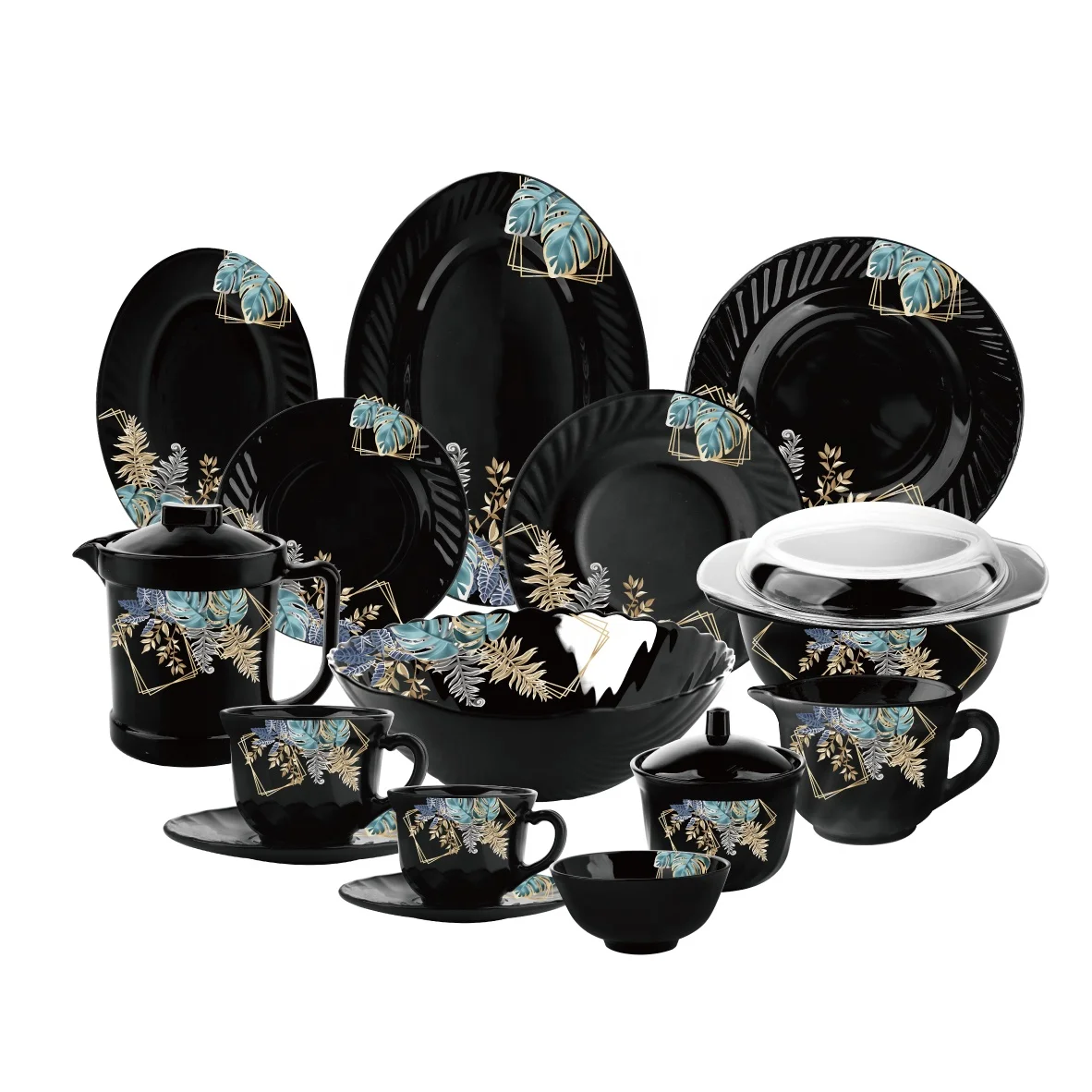 Luxury Black glass dinner set Heat-Resistant Opal Glassware Tableware Set black and white opal glass dinner plate