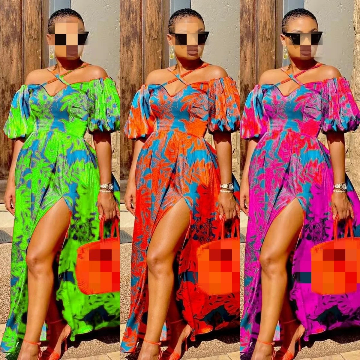 9055 Loose Long Elegant Off Shoulder Bohemian Floral Printed Split Strapless Halter V-neck Casual Maxi Dress